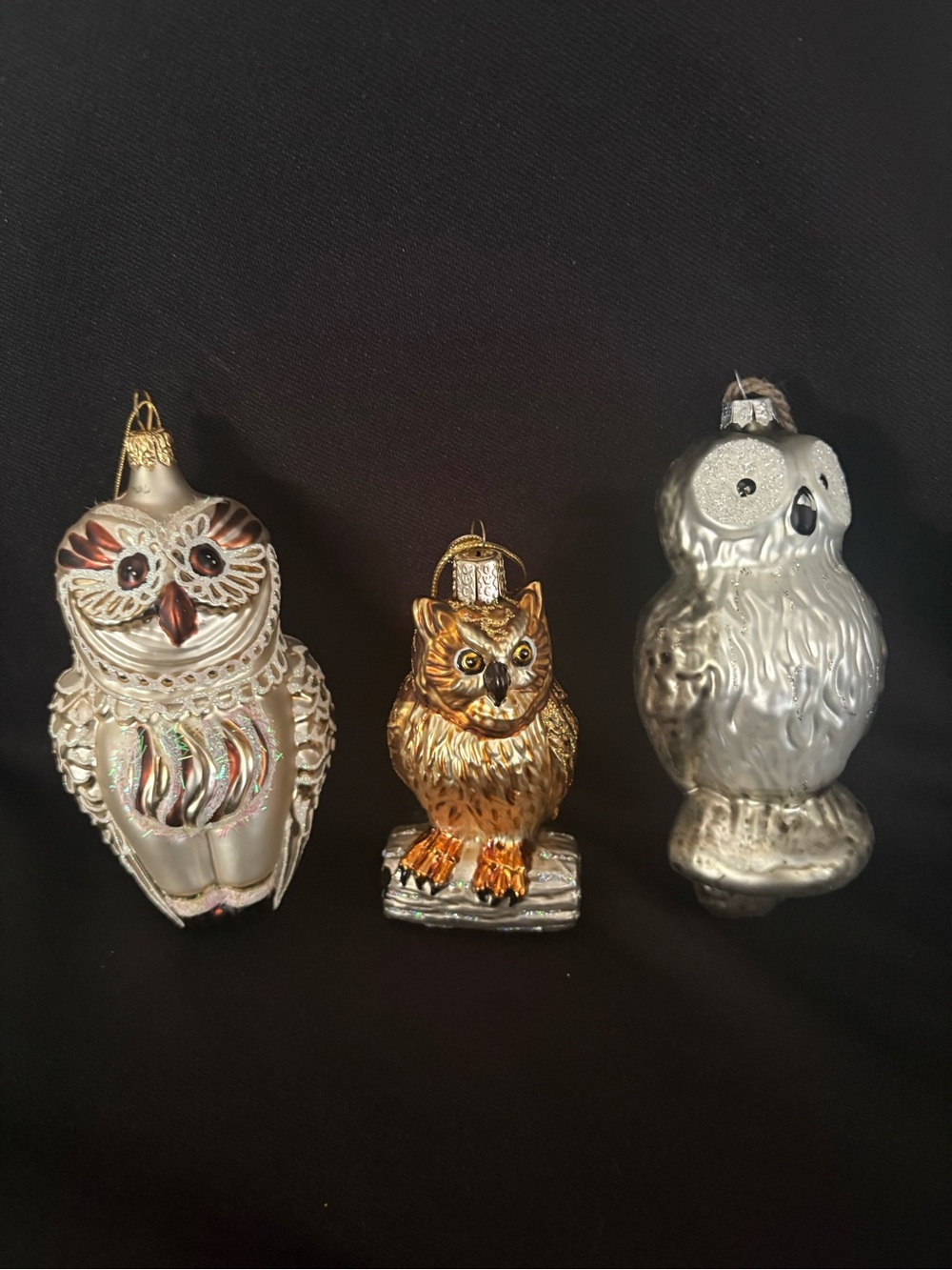 Glass Owl Christmas Ornaments Set of 3 Gold Copper Silver White Woodland Holiday